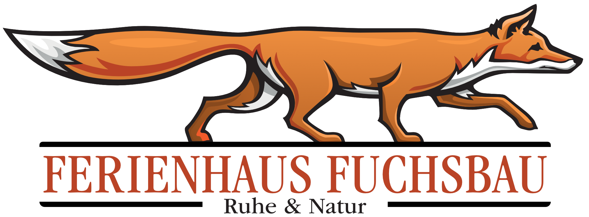 Das Logo zeigt einen organgenen Fuchs. Unter dem Fuchs steht der Schriftzug "FERIENHAUS FUCHSBAU Ruhe & Natur".