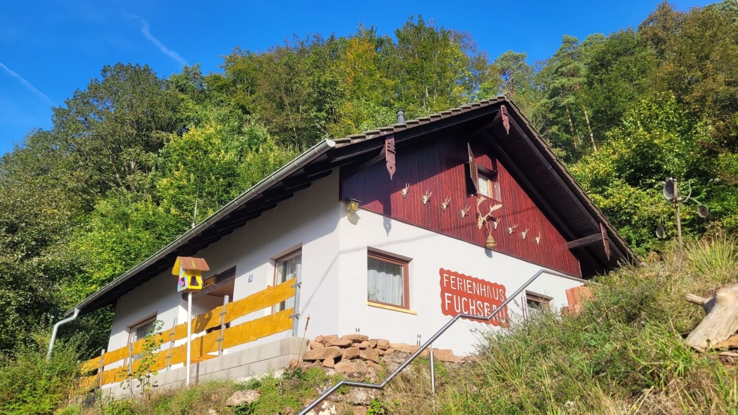 Ferienhaus Fuchsbau mit grünen Bäumen und blauen, wolkenlosen Himmel im Hintergrund.
